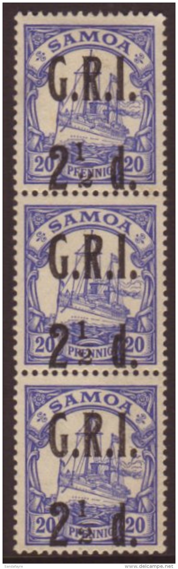 1914 (3 Sept) "G.R.I." Surcharge 2&frac12;d On 20pf Ultramarine (SG 104) Vertical Strip Of Three, The Top Stamp... - Samoa