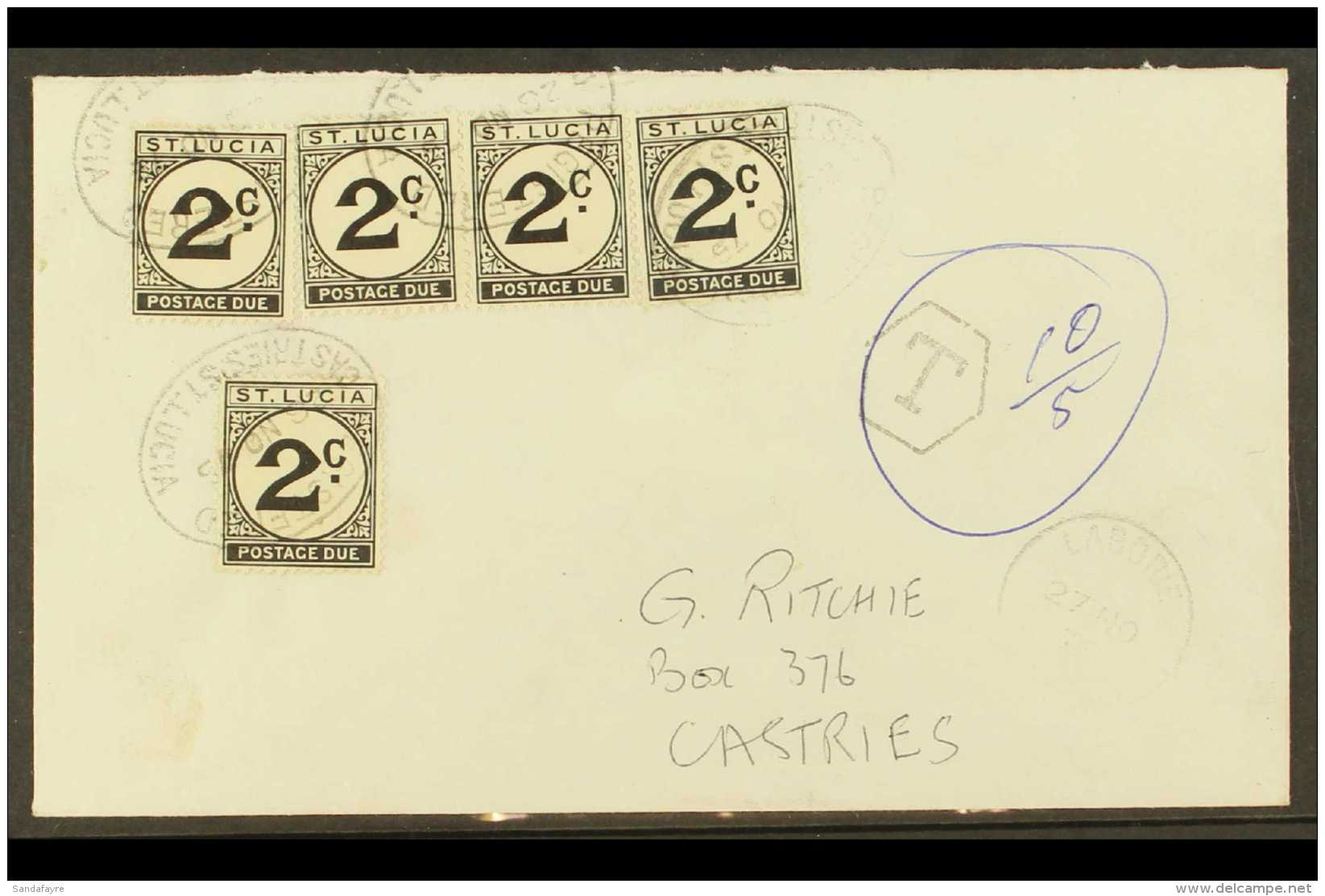 POSTAGE DUE 1975 (23 Nov) Stampless Local Cover Bearing Five 2c Postage Dues Tied Neat "Registered/Castries St... - St.Lucia (...-1978)