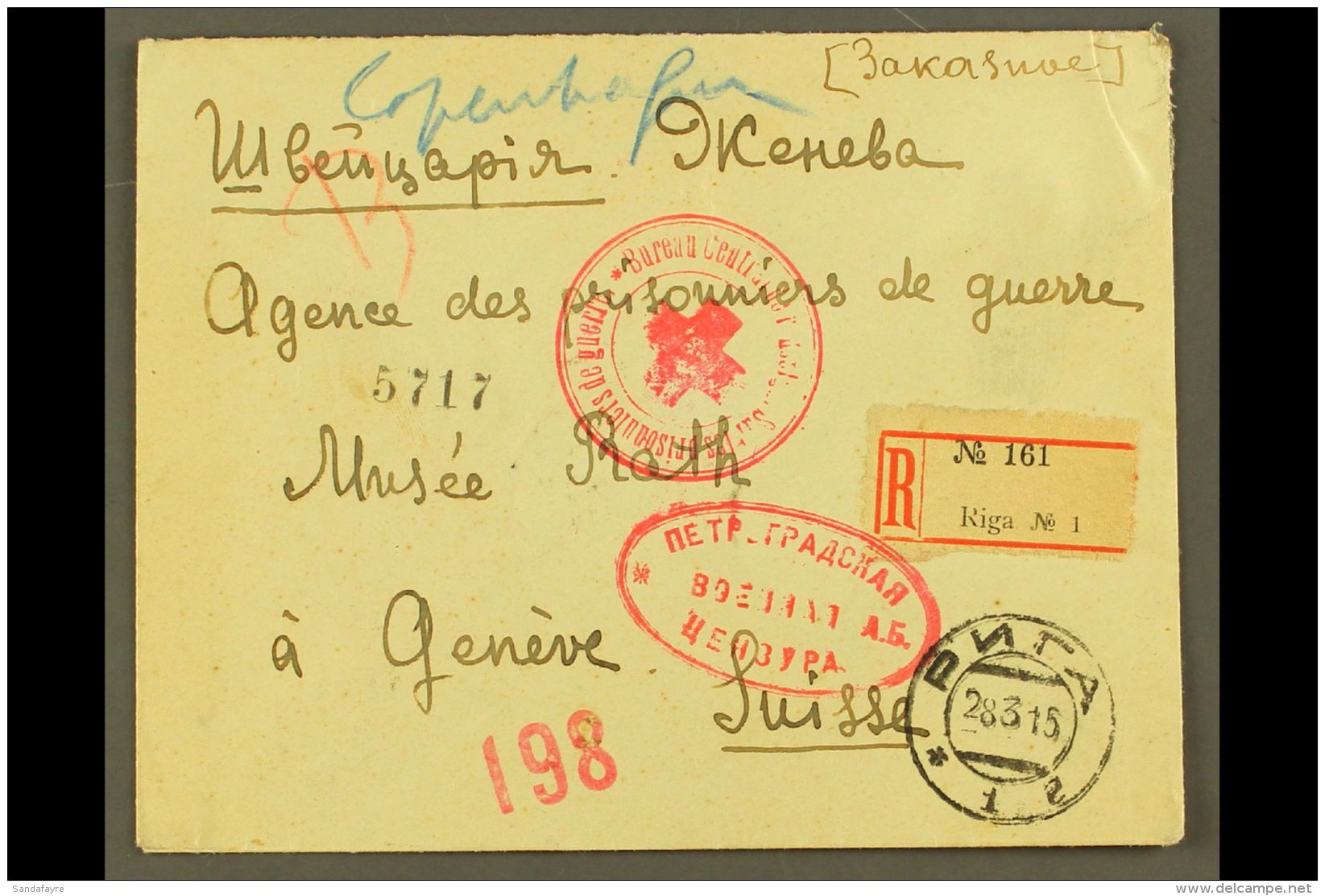 1915 (23 March) Registered Censored Cover From Riga To The Prisoners Of War Agency In Switzerland, Bearing 3k (x2)... - Other & Unclassified
