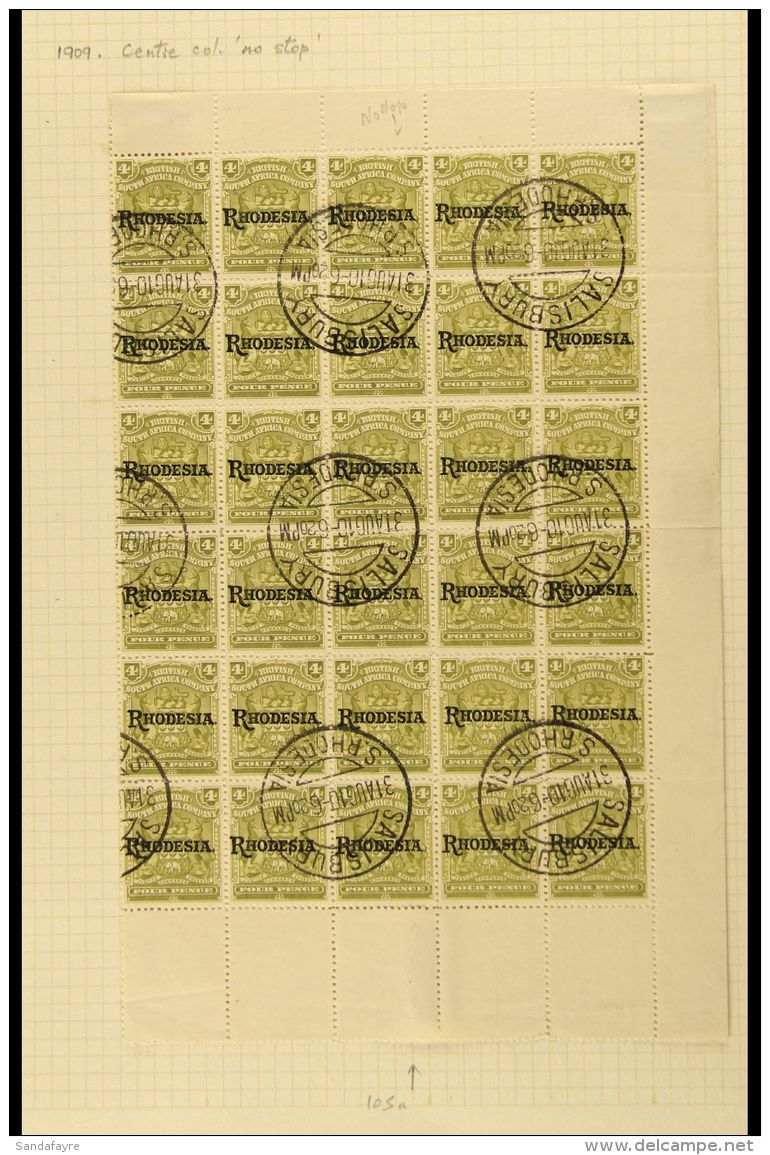 1909 4d Olive Overprinted "RHODESIA.", SG 105, Right Hand PART SHEET OF THIRTY (5 X 6), With Full Margins To Three... - Other & Unclassified