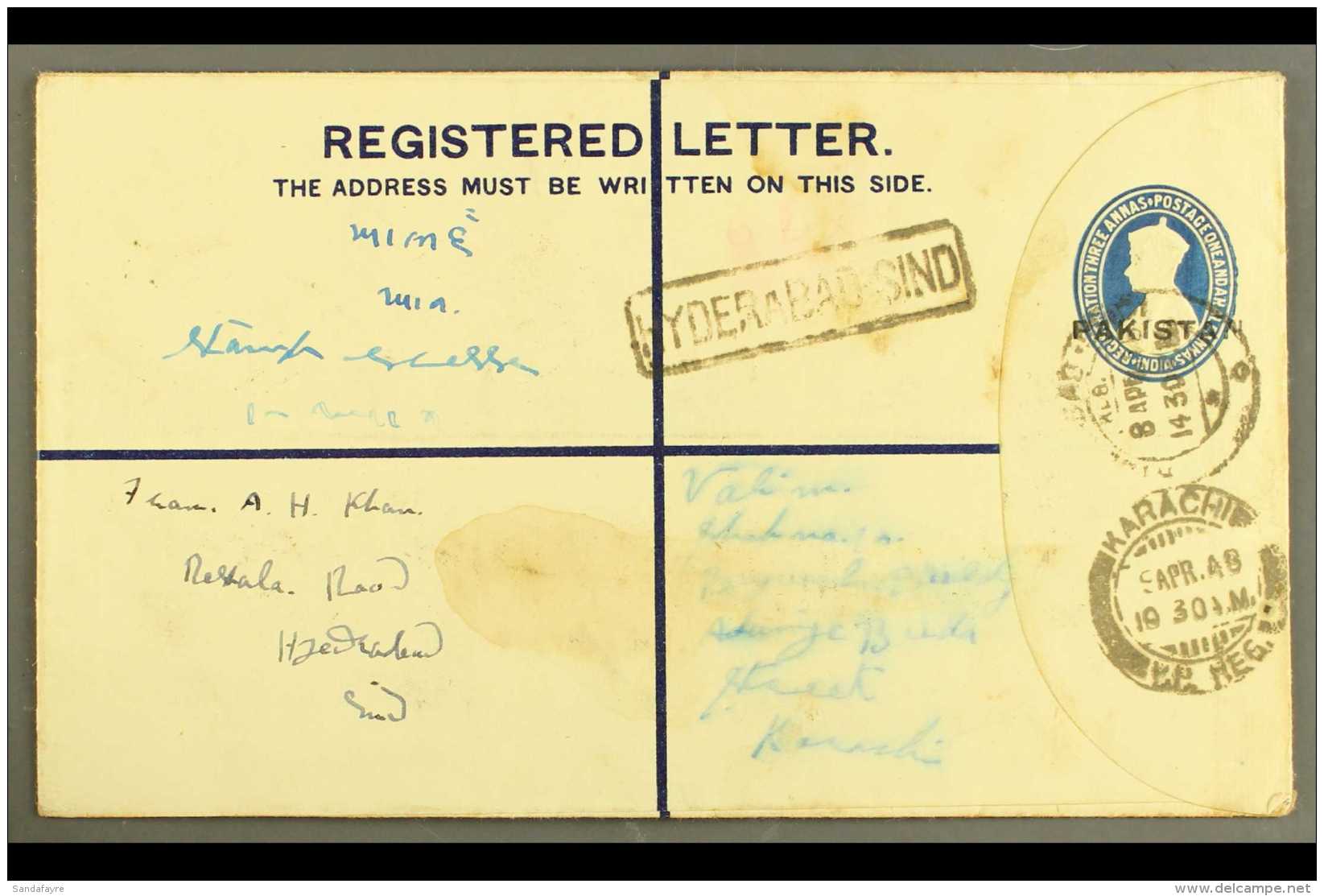 1948 (8 Apr) 4&frac12;a Registered Stationery Envelope With "PAKISTAN" Nasik Overprint (26&frac14; X 3mm), On... - Pakistan