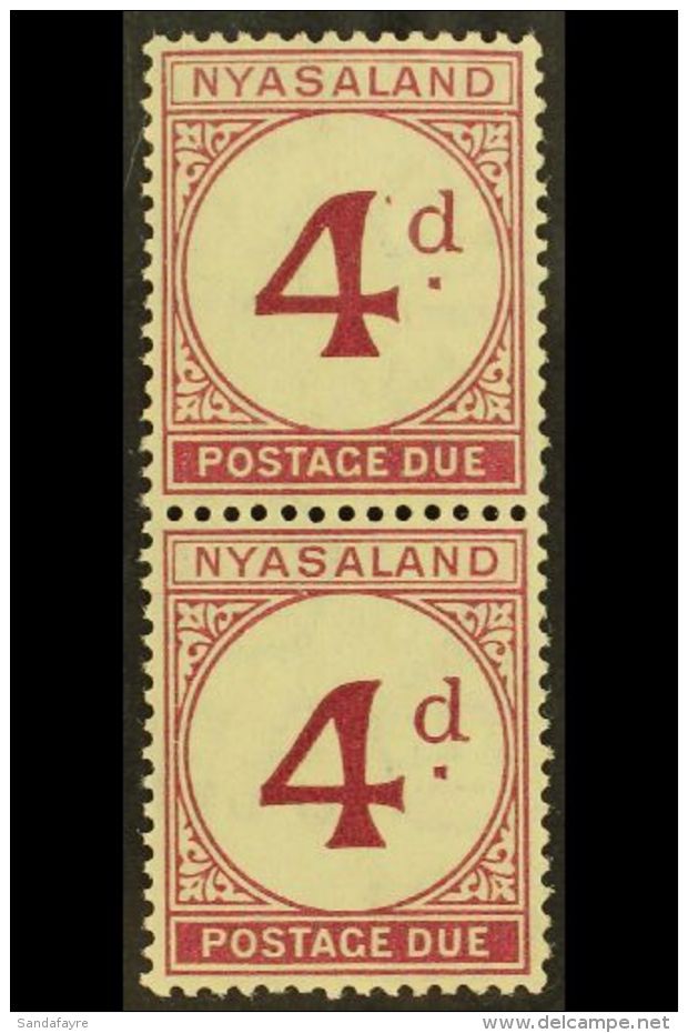 POSTAGE DUES 1950 4d Purple, Vertical Pair With OPEN "d" In In "4d" Value, SG D4, Never Hinged Mint. For More... - Nyasaland (1907-1953)