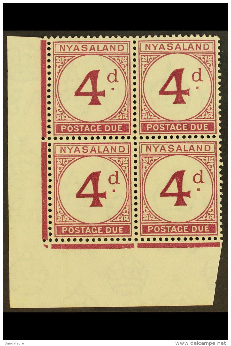 POSTAGE DUES 1950 4d Purple, Corner Block Of 4, SG D4, Never Hinged Mint, Vertical Crease Affects Two Stamps. For... - Nyassaland (1907-1953)