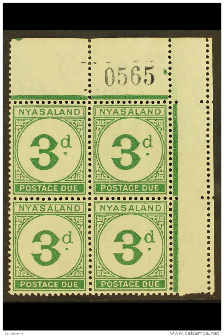 POSTAGE DUES 1950 3d Green, Sheet Number, Corner Block Of 4, SG D3, Never Hinged Mint, Few Split Perfs At Top. For... - Nyasaland (1907-1953)