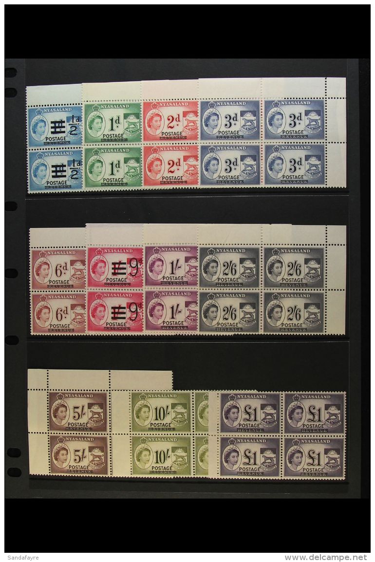 1963 Revenue Stamps Ovptd "POSTAGE" Set In Blocks Of 4, SG 188/98, Never Hinged Mint, 2s6d Creased On Two Stamps... - Nyassaland (1907-1953)