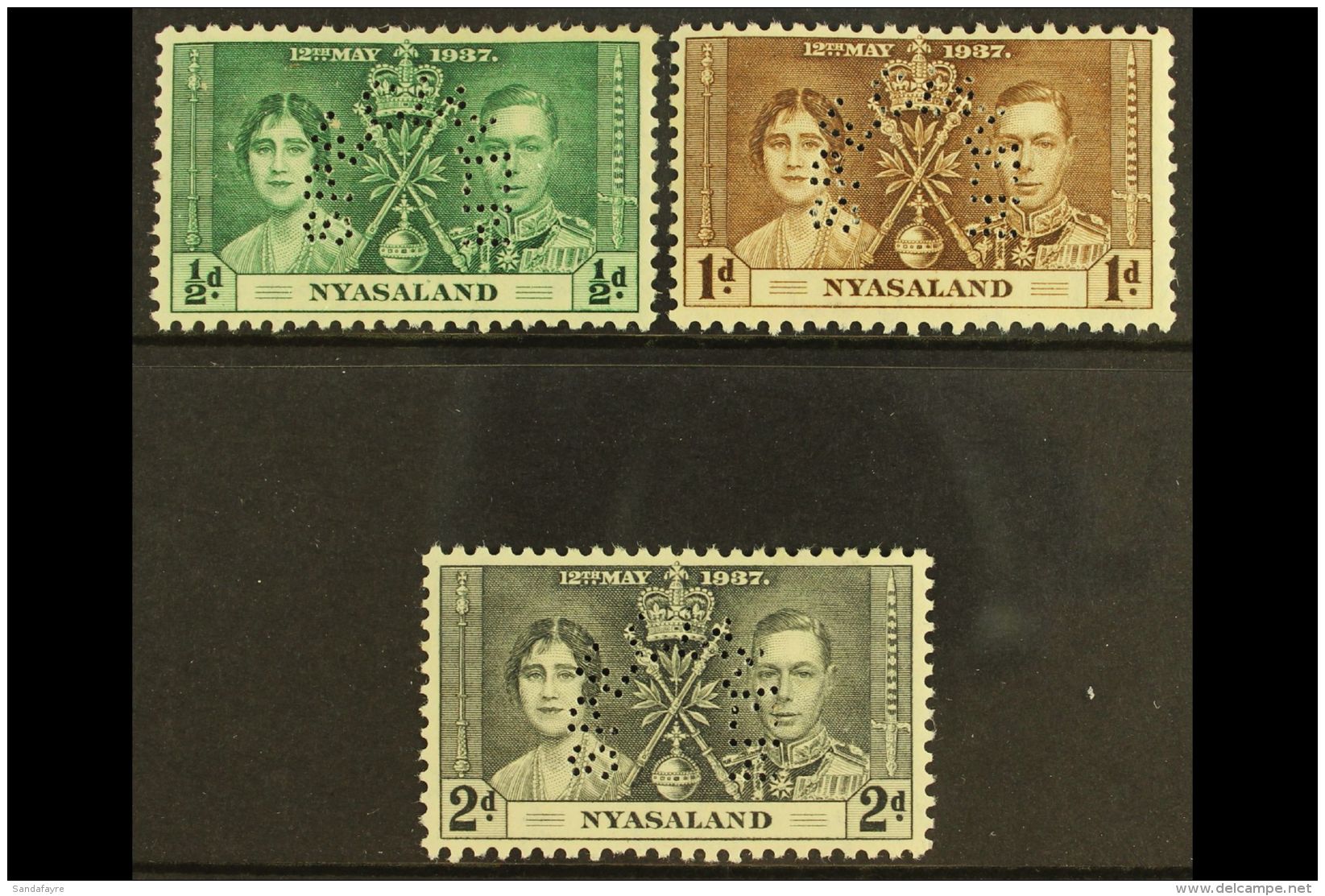 1937 Coronation Set Complete, Perforated "Specimen", SG 127s/129s, Very Fine Mint. (3 Stamps) For More Images,... - Nyasaland (1907-1953)