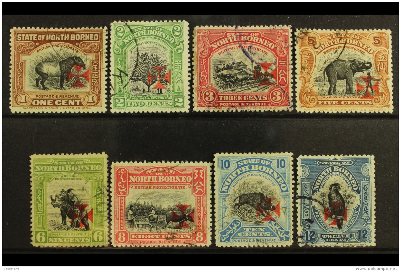 1916 Red Cross Overprints In Carmine Set To 12c (no 4c Carmine), SG 202/209 (no 204a), Very Fine Used. (8 Stamps)... - North Borneo (...-1963)