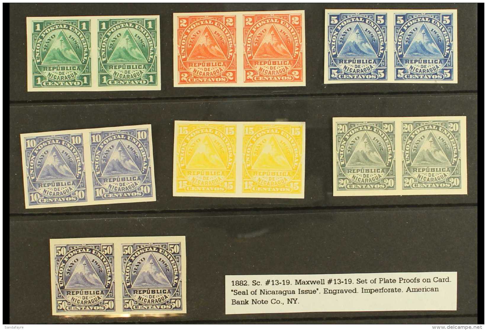 1882 "Seal Of Nicaragua" Complete Set (Sc 13/19, SG 20/26) Plate Proof IMPERF HORIZ PAIRS On Card, Very Fine. (7... - Nicaragua