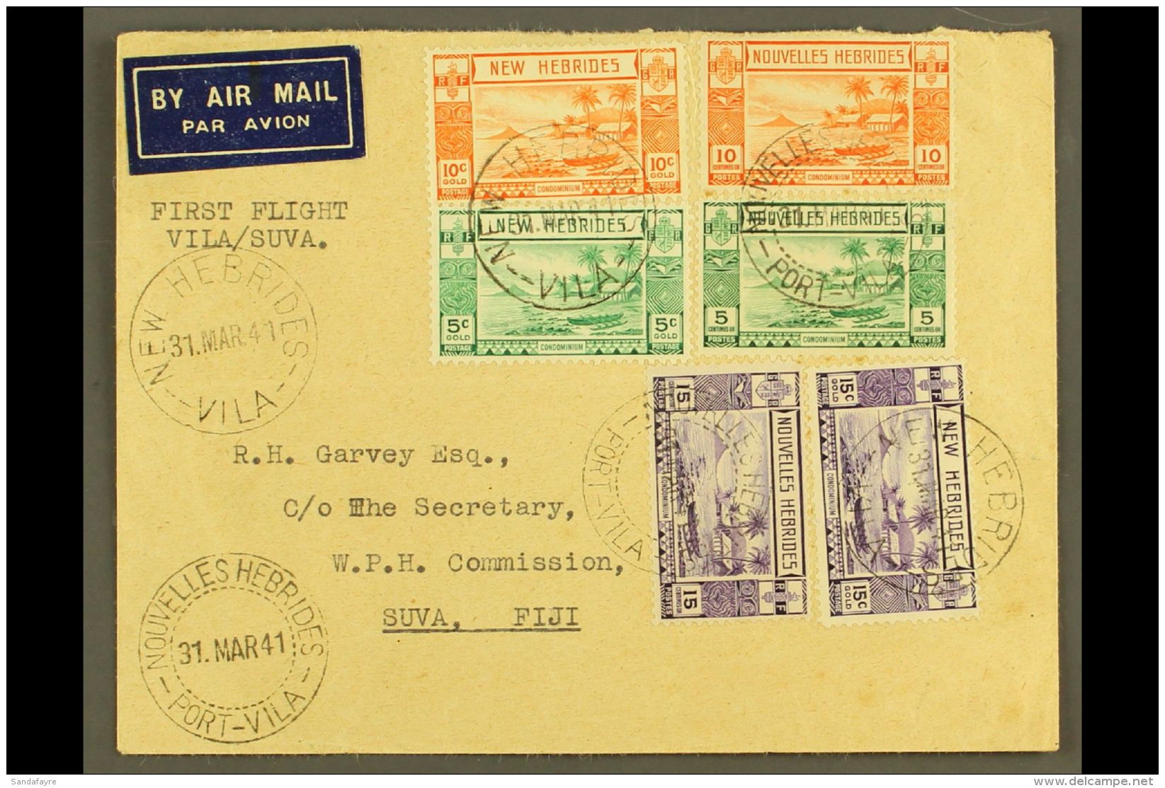 1941 FIRST FLIGHT VILA-SUVA (31st March) Attractive Envelope To Fiji Bearing 1938 English And French 5c To 15c... - Autres & Non Classés