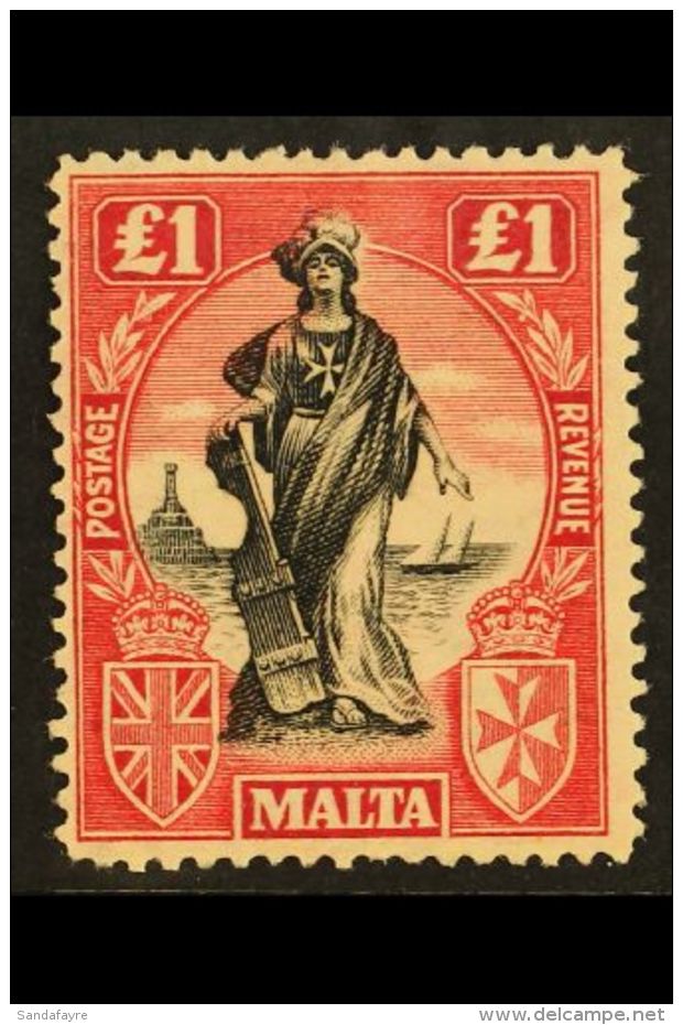 1922-26 &pound;1 Black And Carmine-red, Watermark Sideways, SG 139, Fine Mint. For More Images, Please Visit... - Malta (...-1964)