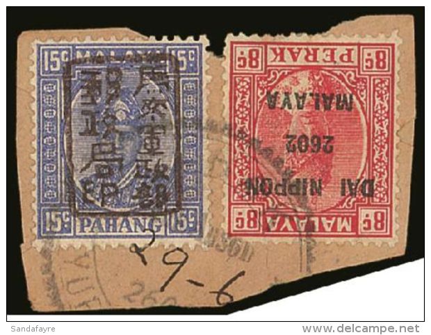 1942 GENERAL ISSUES 15c Ultrammarine With Black Ovpt, SG J183, Tied On Piece With Perak 8c Scarlet, SG J248 By... - Other & Unclassified
