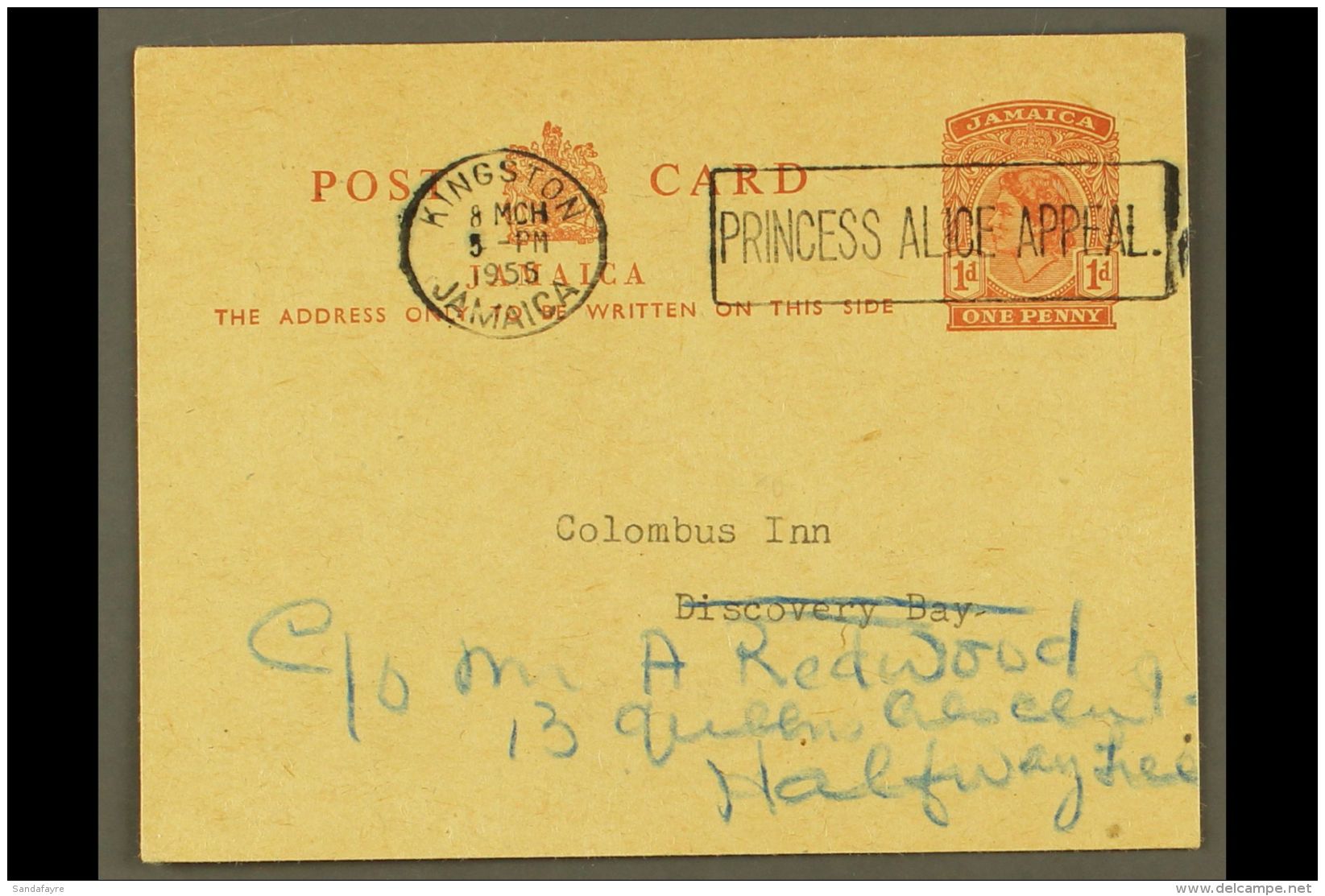 1955 (8 Mar) Locally Addressed 1d QEII Postal Card With Fine "PRINCESS ALICE APPEAL" Slogan Cancel. For More... - Jamaica (...-1961)