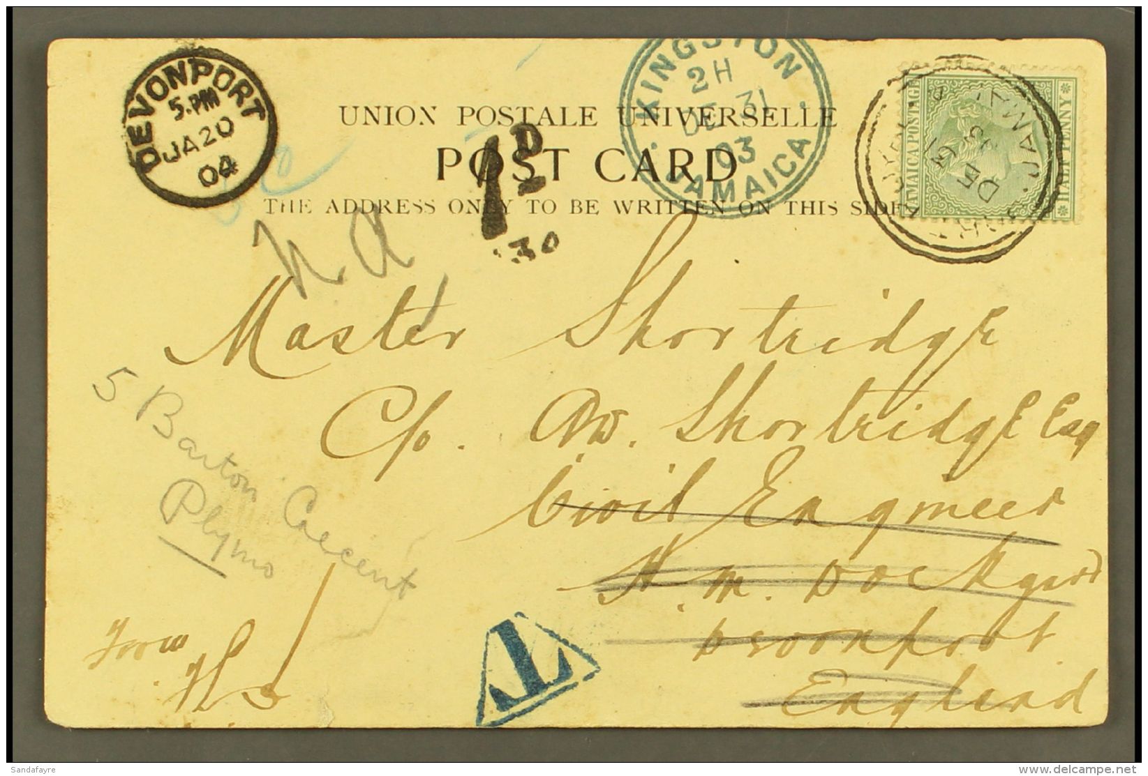 1903 (Dec 31) Picture Postcard To England Bearing QV &frac12;d Tied By Port Royal Cds; Alongside Handstamped "T"... - Jamaica (...-1961)