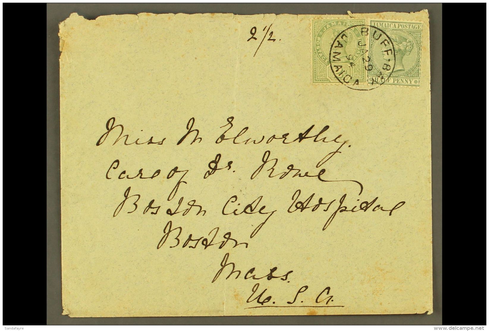 1894 (Jan 29) Envelope To USA Bearing QV &frac12;d &amp; 2d (SG 16a &amp; 28) Tied By Fine Crisp BUFF BAY Cds. For... - Jamaïque (...-1961)