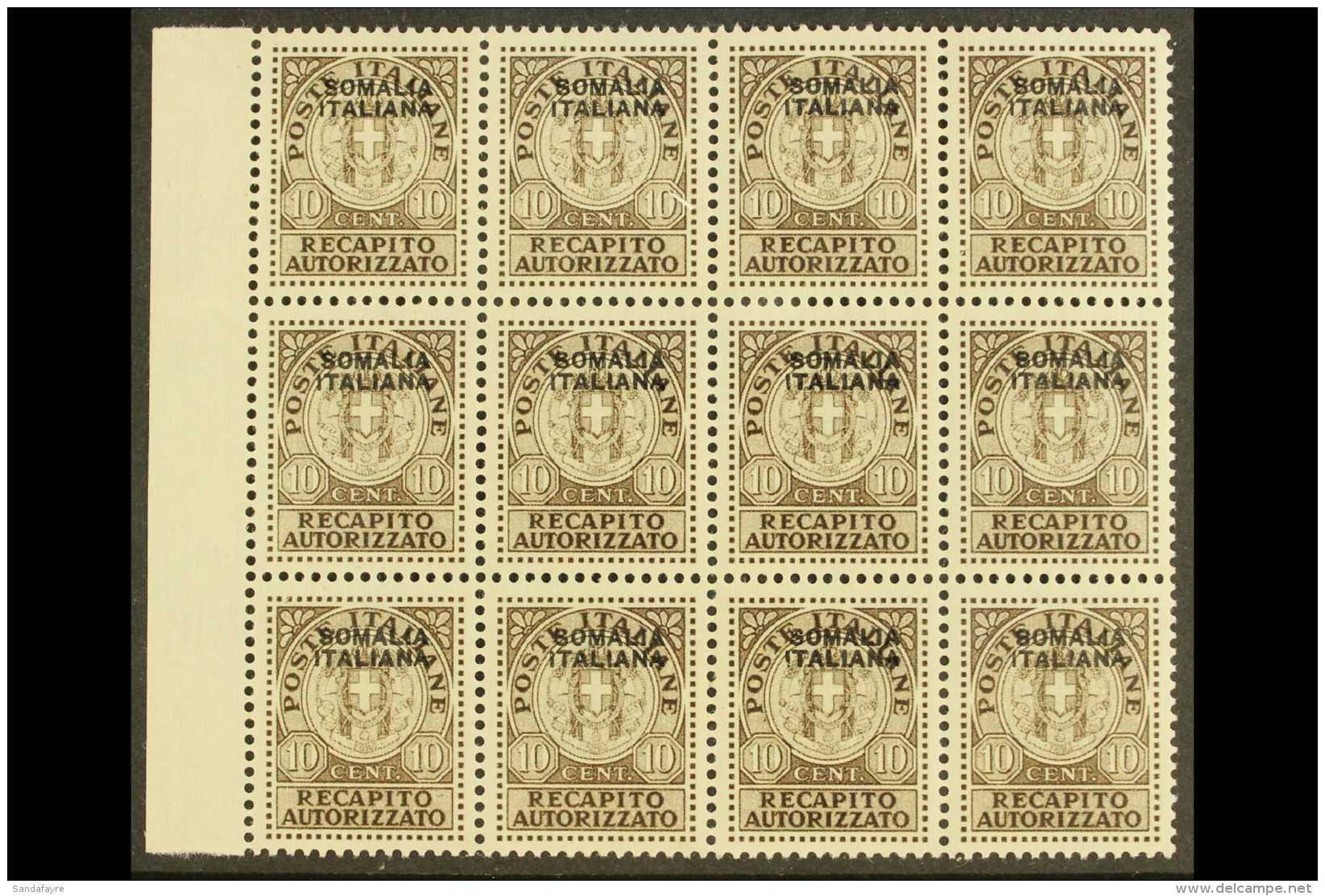 SOMALIA 1939 10c Brown Recapito Autorizzato, Sass 1, Superb NEVER HINGED MINT Marginal Block Of 12. Each Signed... - Autres & Non Classés