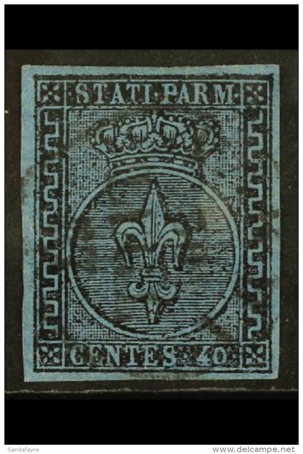 PARMA 1852 40c Black On Blue, Sass 5, Superb Cds Used, With Four Good Margins; Signed Sorani. Rare Stamp.  Cat... - Non Classés