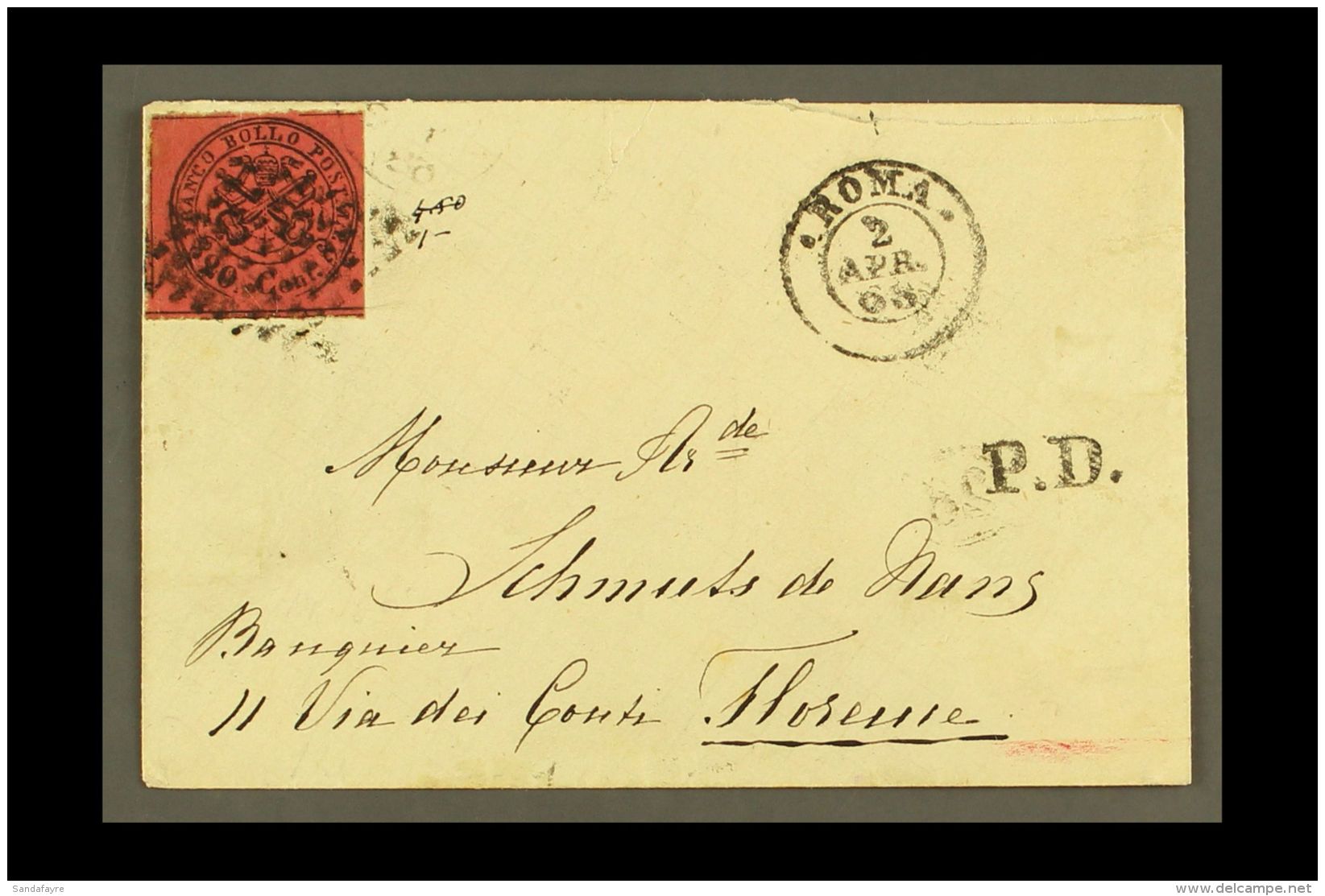 PAPAL STATES 1868 (April) Envelope Rome To Florence, Franked 1867 20c Indian Red Imperf, Sassone 18, Tied By... - Unclassified
