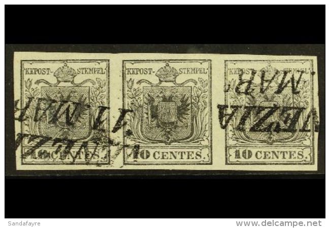 LOMBARDY VENETIA 10c Grey Black, Sass 2c, Superb Used Strip Of 3 With 2 Line "Venezia / 11 Mar" Cancel. Bright And... - Non Classés