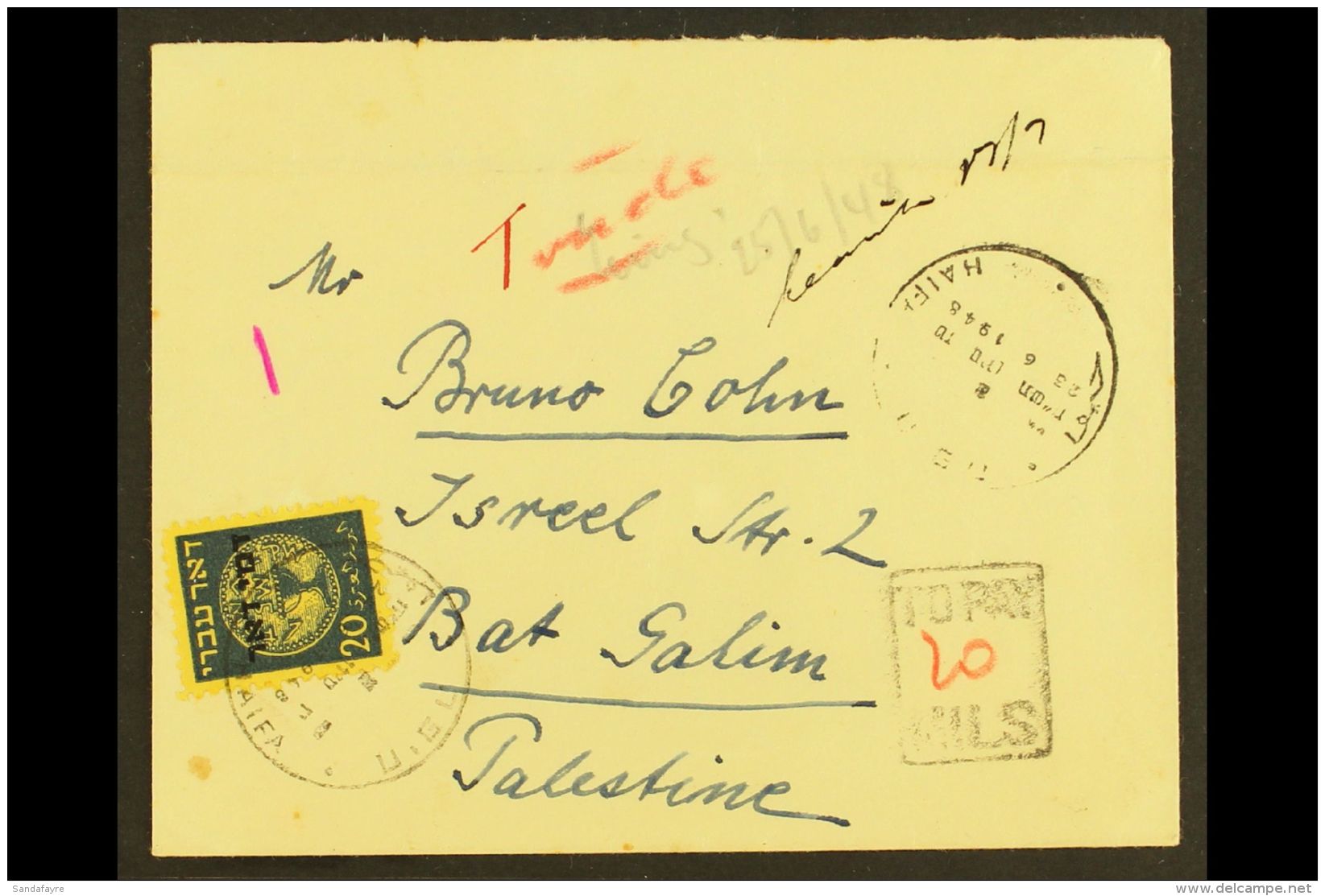 1948 (23 June) Stampless Cover To Bat Galim With Boxed "TO PAY" Cachet And 20m Postage Due (Bale PD4, SG D13).... - Other & Unclassified