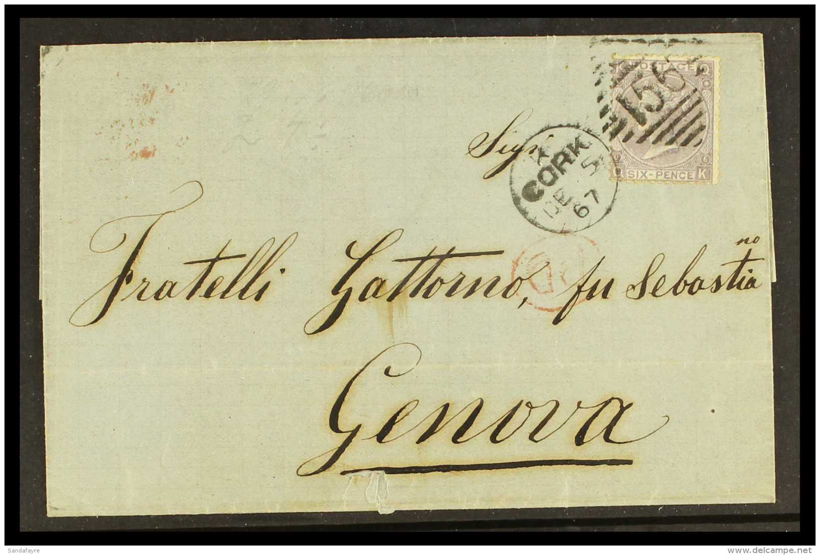 1867 (Dec 5) Entire From Cork To Genova Bearing 6d Lilac (plate 6, With Hyphen) Tied Neat Cork "156" Duplex... - Autres & Non Classés