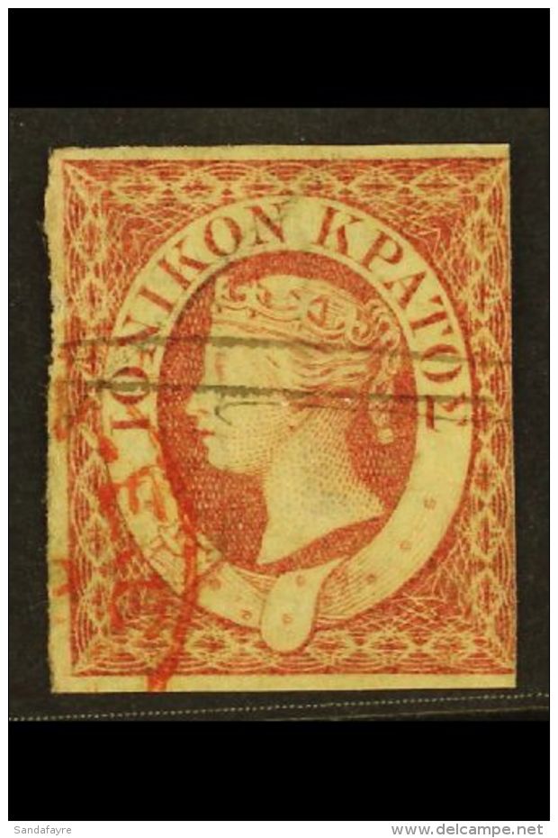 1859 (2d) Carmine, SG 3), Used With Pen Strokes And Part London - E.C. Receiver Cds In Red. Small Tear At Left And... - Iles Ioniques