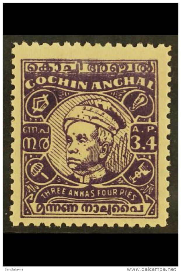 COCHIN 1950 3a4p Violet, Die II, Kerala Varma III, SG 116b, Very Fine And Fresh Mint. Lovely Stamp. For More... - Andere & Zonder Classificatie