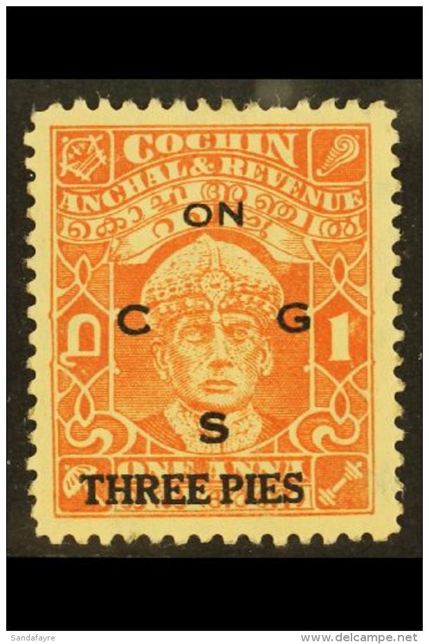 COCHIN - OFFICIALS 3p On 1a Brown - Orange, Perf 11, Rama Varma III, SG O67b, Superb Well Centered Mint. For More... - Other & Unclassified