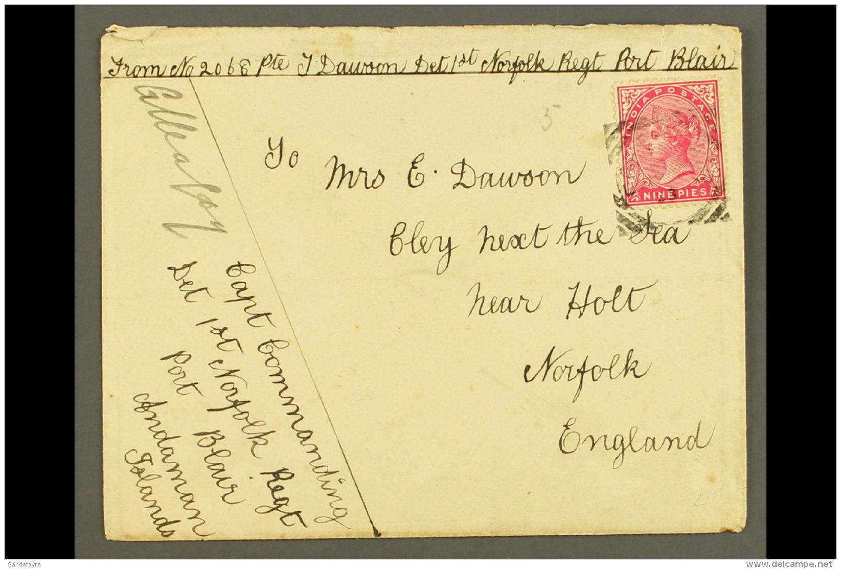 1893 ANDAMAN ISLANDS MILITARY MAIL. 1893 (Aug) Envelope (flap Partially Missing) To Norfolk, England, Bearing... - Other & Unclassified