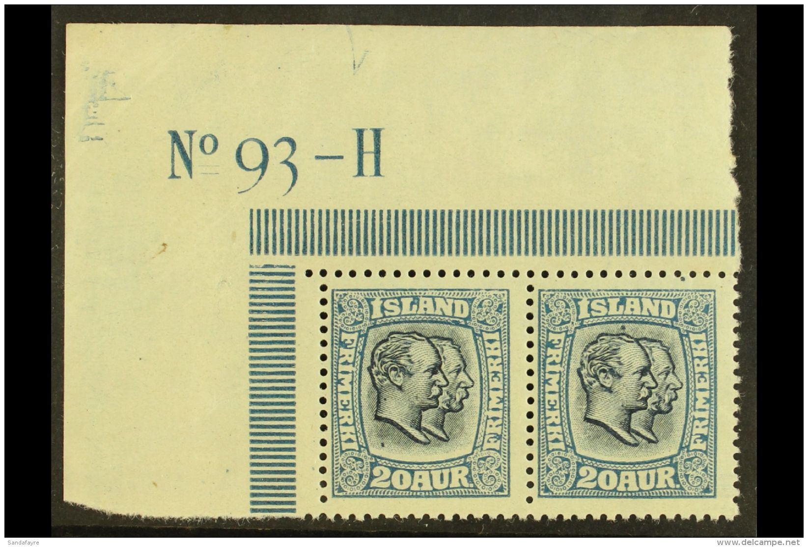 1914-18 20a Blue Kings (SG 115, Michel 82, Facit 97), Never Hinged Mint Top Left Corner Horiz PAIR With PLATE... - Other & Unclassified