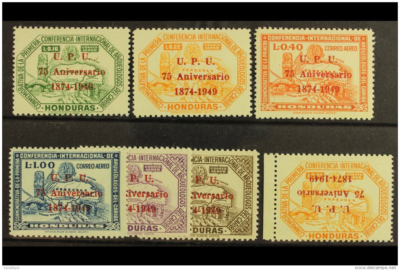 1951 75th Anniv Of The UPU Complete Set, Sc C181/6 With Additional 22c With Inverted Overprint, Very Fine Mint. (7... - Honduras