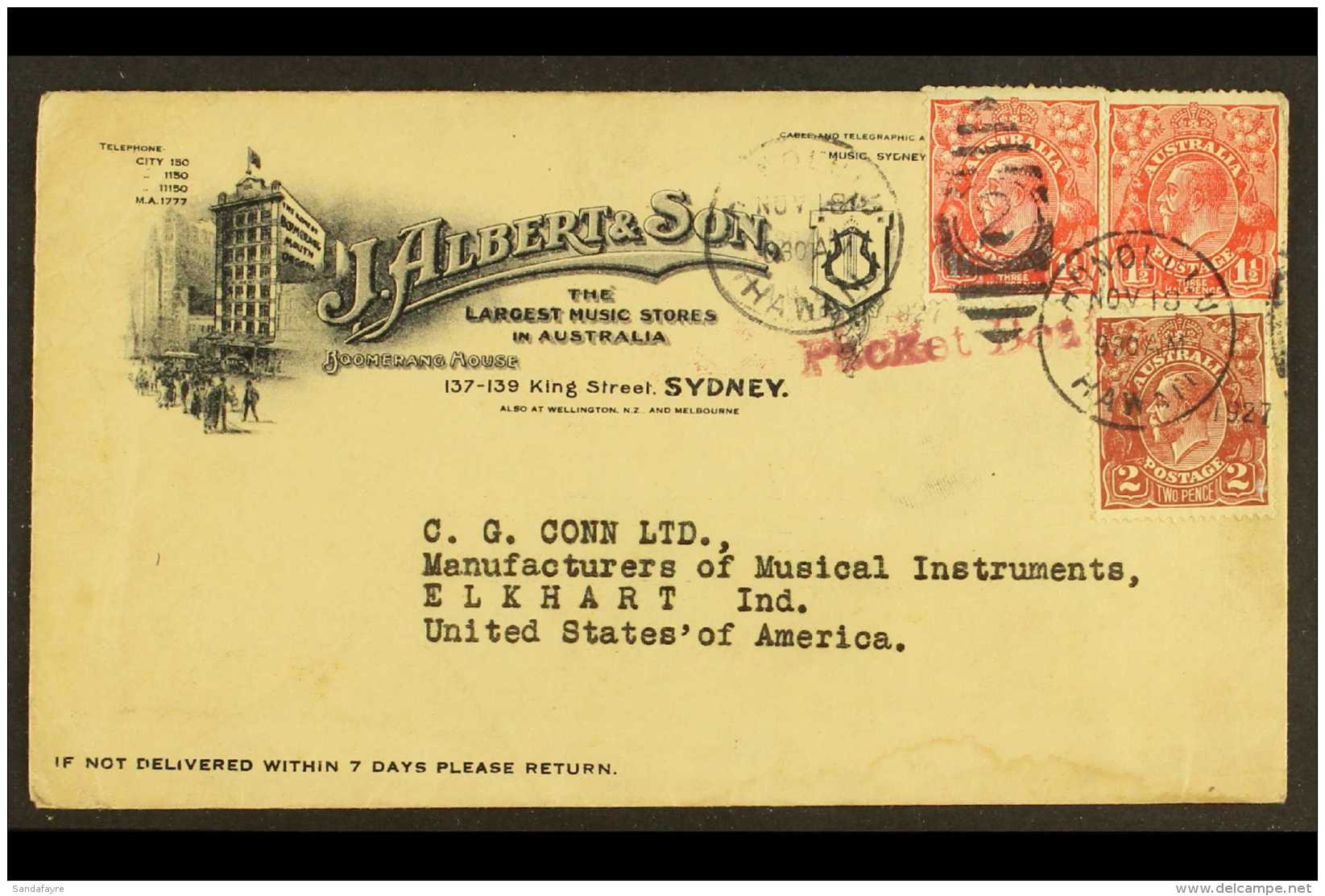 1930 (18Nov) ILLUSTRATED ENVELOPE For A Musical Instrument Store In Sydney, Australia, Sent To Indiana, USA &amp;... - Hawaï