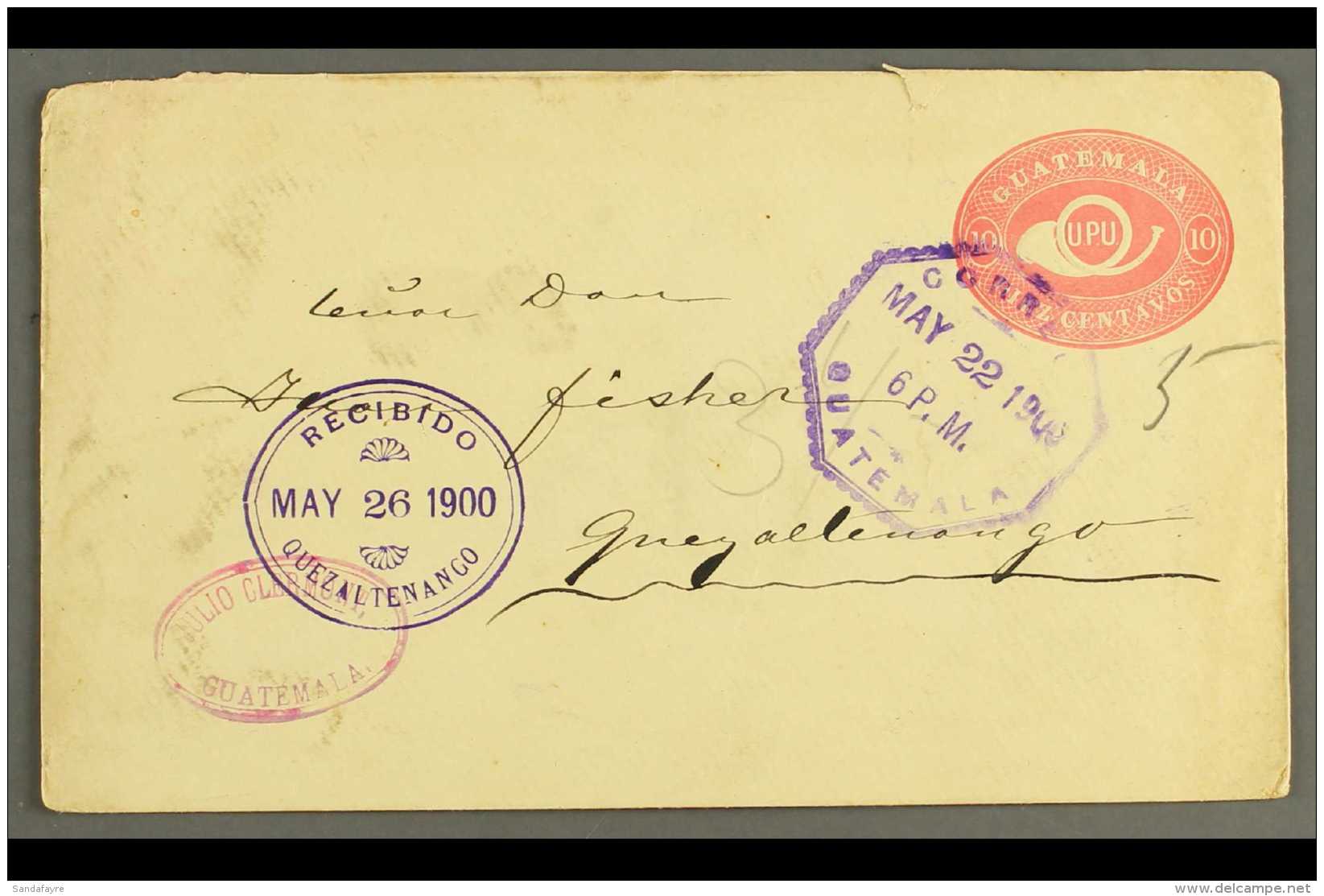 1900 (22 May) 10c Rose-red "Embossed" Type Postal Stationery Envelope Commercially Used From Guatemala (City) To... - Guatemala