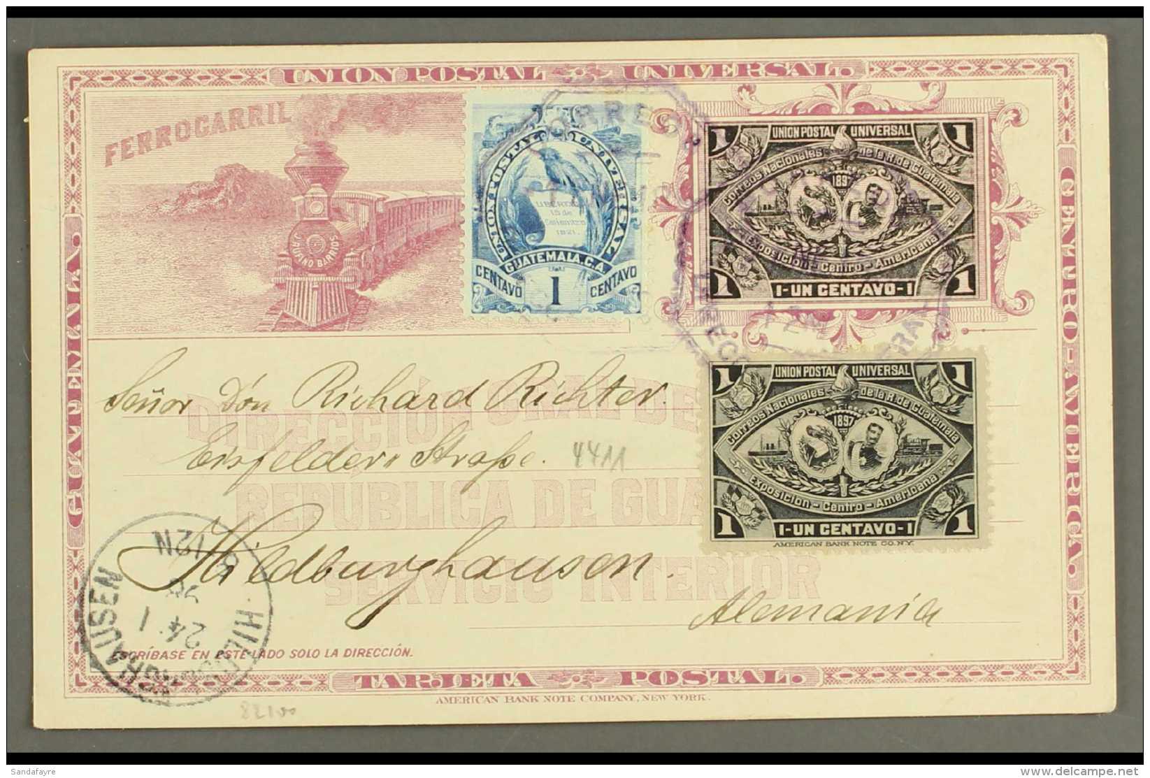 1898 (Jan) 1c Black And Purple "Expo" Type Postal Stationery Card Postally Used To Germany. Uprated By 1c Expo And... - Guatemala