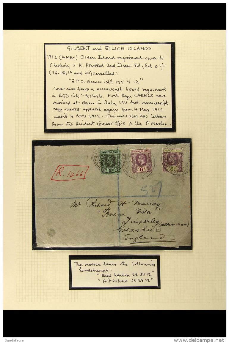 OCEAN ISLAND 1912 Registered Cover To England, Bearing KGV 5d, 6d &amp; 1s Each Cancelled By "G.P.O. Ocean Isld."... - Îles Gilbert Et Ellice (...-1979)