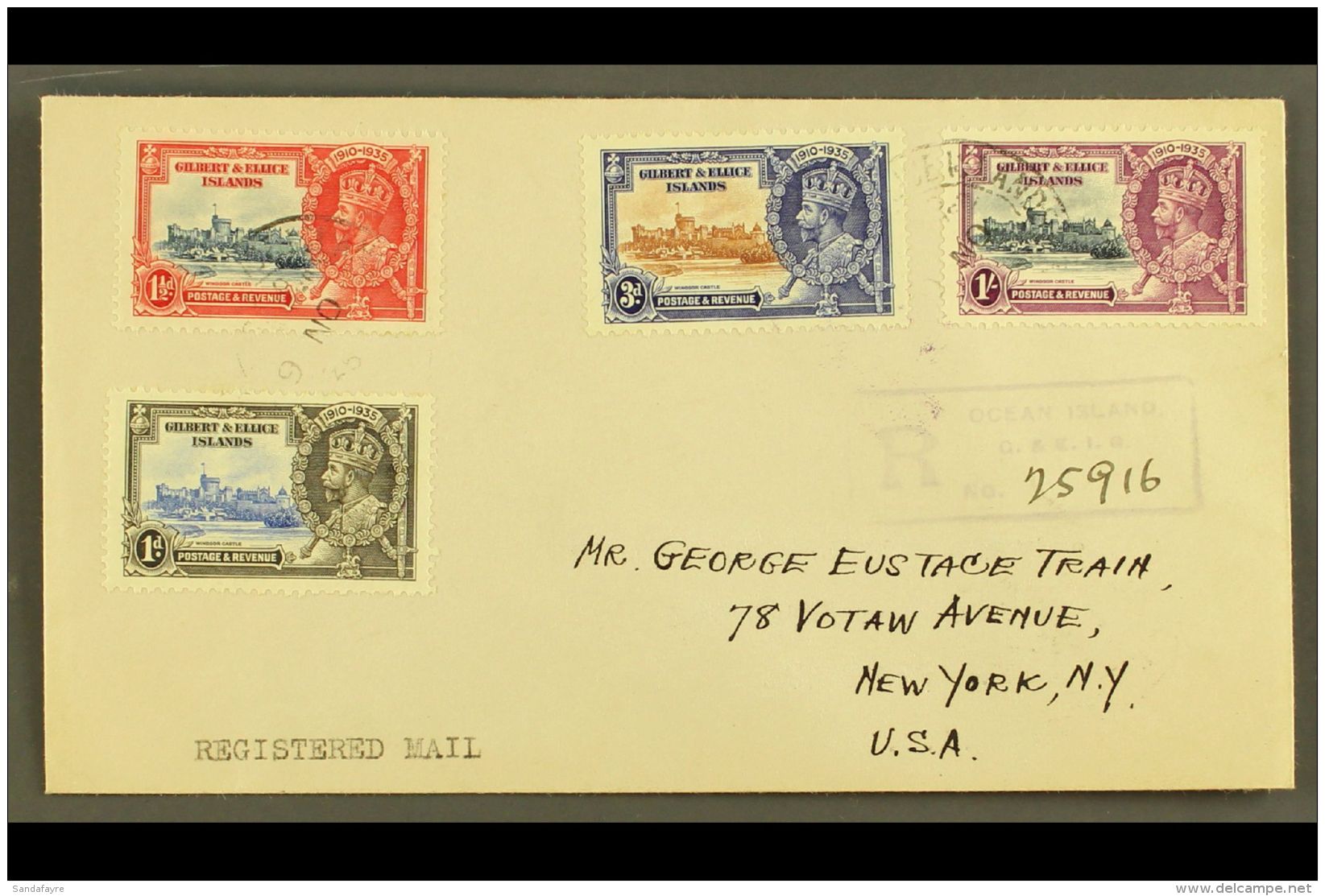 1935 Silver Jubilee Complete Set, SG 36/39, Fine Used On Reg Cover To USA Tied By GILBERT &amp; ELLICE ISLANDS... - Gilbert & Ellice Islands (...-1979)