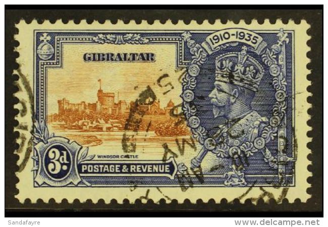 1935 3d Brown And Deep Blue, Silver Jubilee Variety "Extra Flagstaff", SG 115a, Very Fine Used With Cancellation... - Gibraltar