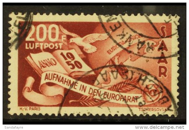 1950 200f Brown Lake Air Council Of Europe (Michel 298, SG 295), Used, One Missing Perf, Fresh, Expertized C.Ney... - Autres & Non Classés