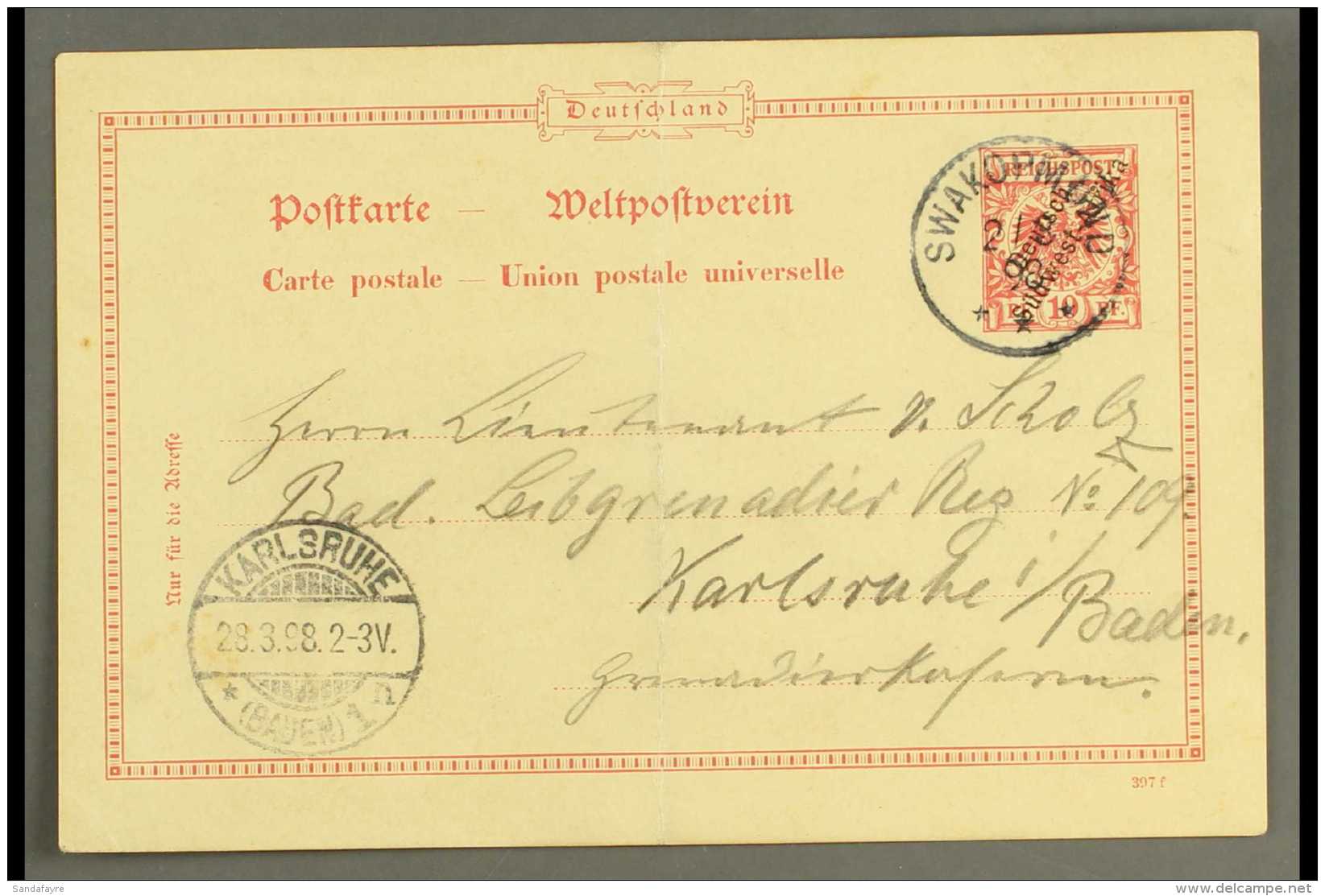 SOUTH WEST AFRICA 1898 (3 Mar) 10pf With Diagonal Opt Postal Stationery Card To Germany Cancelled By Fine... - Other & Unclassified