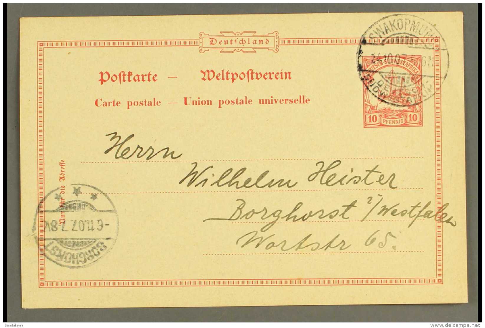 SOUTH WEST AFRICA 1907 (24 Oct) 10pf Postal Card To Germany Showing Very Fine "SWAKOPMUND" Cds Cancel (with... - Autres & Non Classés