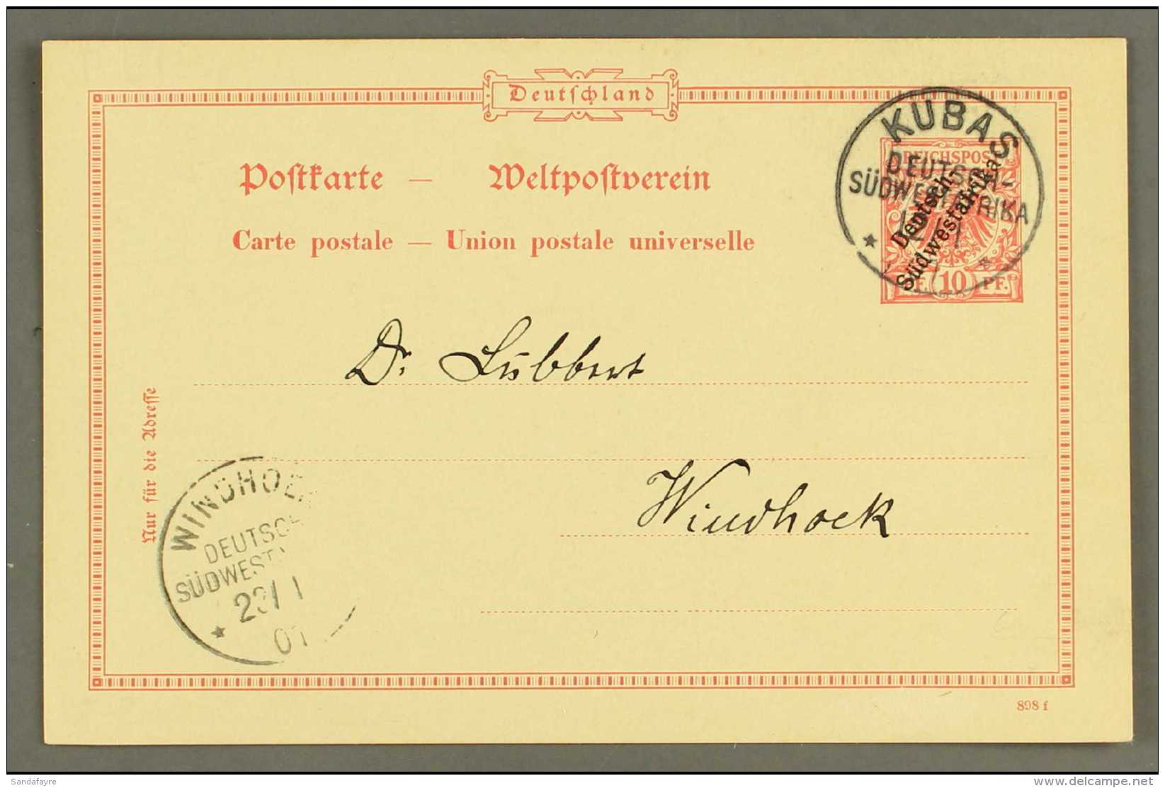 SOUTH WEST AFRICA 1901 (12 Jan) 10pf Postal Card Addressed To Windheok With Superb "KUBAS" Cds Postmark... - Other & Unclassified