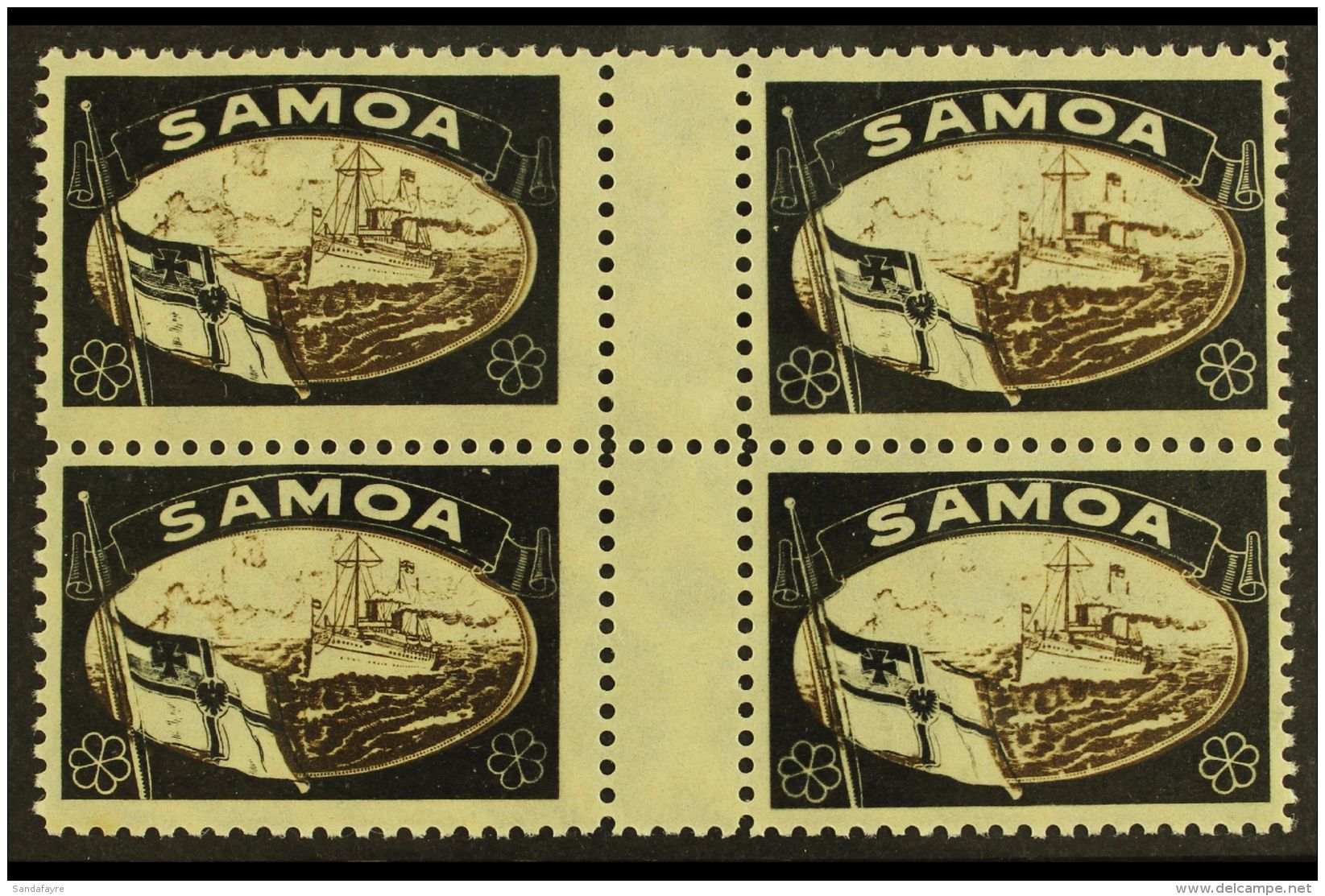 SAMOA 1920 Empire "Mourning" Stamp Label With Black And Brown Yacht Design, A Never Hinged Mint Block Of Four With... - Autres & Non Classés
