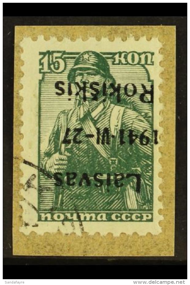 RAKISCHKI 1941 15k Green Overprinted In Black,Mi 3,  Variety "ovpt Inverted", Superb Used On Piece. Signed. For... - Autres & Non Classés