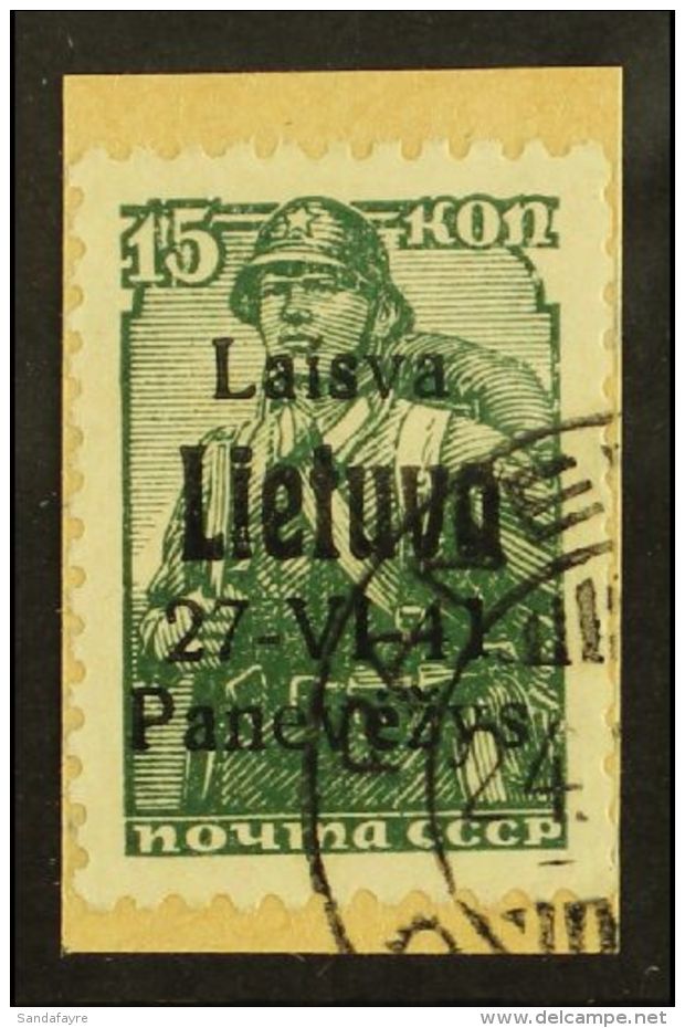LITHUANIA. PONEWESCH 1941 15k Dark Green With Black Overprint, Michel 6b, Very Fine Used Tied To Small Piece.... - Other & Unclassified