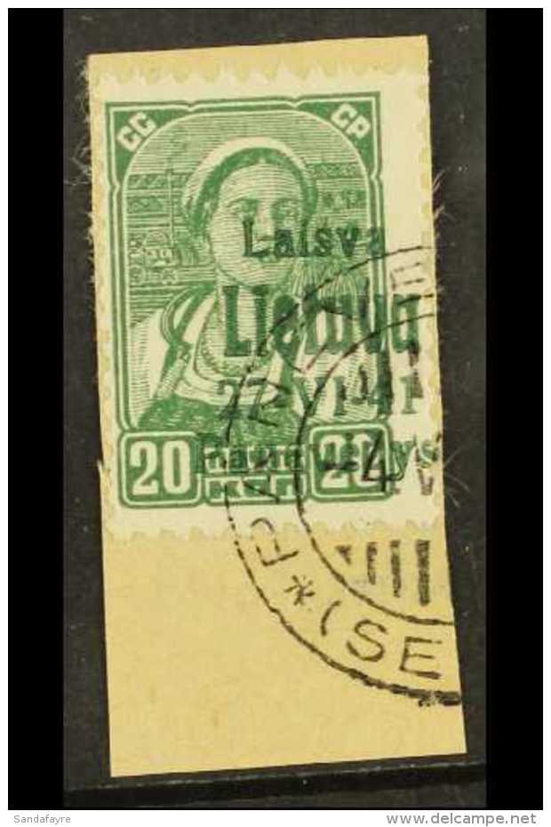 LITHUANIA 1941 20k Green, Ponewesch Locally Overprinted Stamp Of Russia, Michel 7, Tied To Piece By Neat... - Other & Unclassified