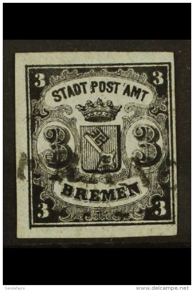 BREMEN 1855 3gr Black On Blue Horizontally Laid Paper, SG 1 (Michel 1y), Used With 4 Margins &amp; Neat Little... - Autres & Non Classés