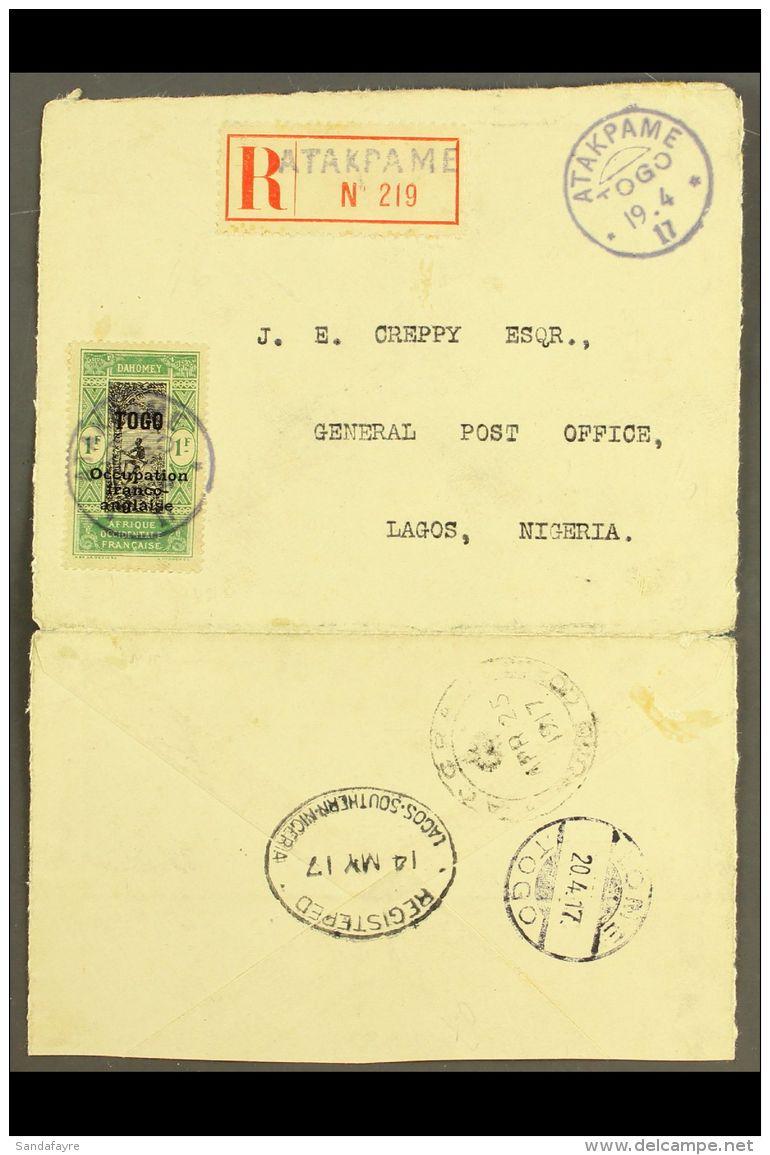 TOGO 1917 Registered Cover (opened For Display), Franked 1fr Green And Black Occupation Franco-anglaise, Tied By... - Autres & Non Classés