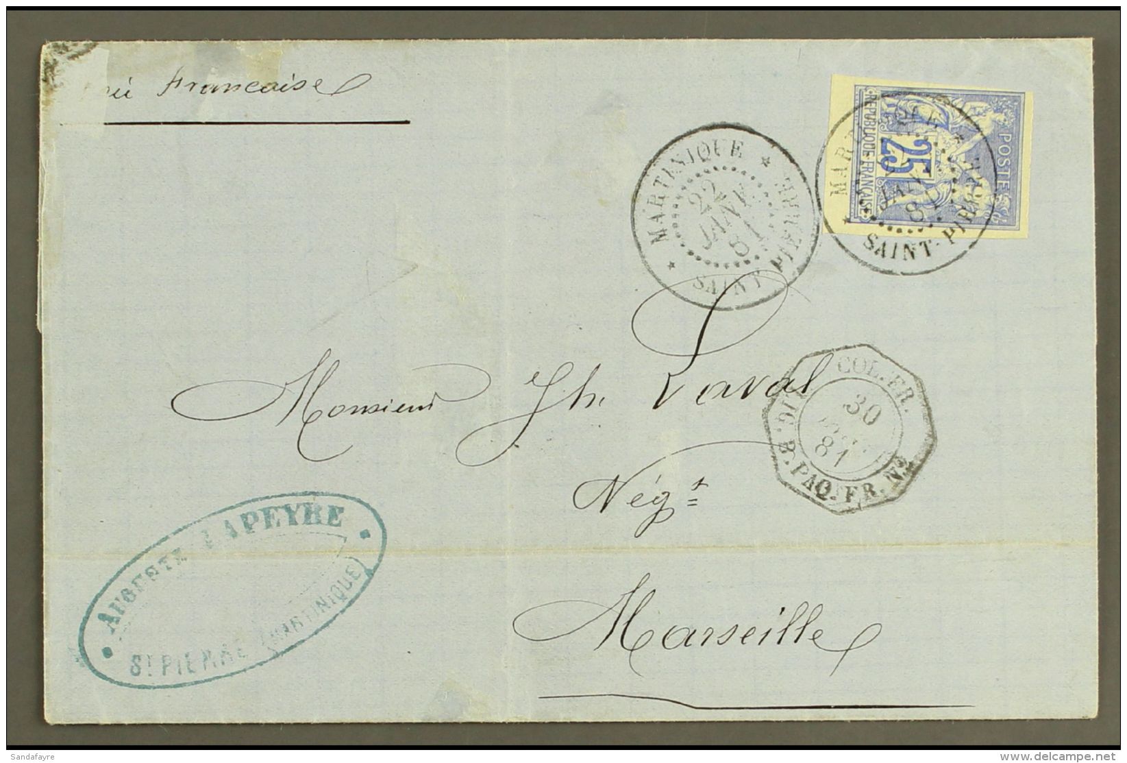 MARTINIQUE 1881 Cover To Marseille Franked Sage 25c Ultramarine Tied By Crisp Strike Of Martinique Saint Pierre... - Autres & Non Classés