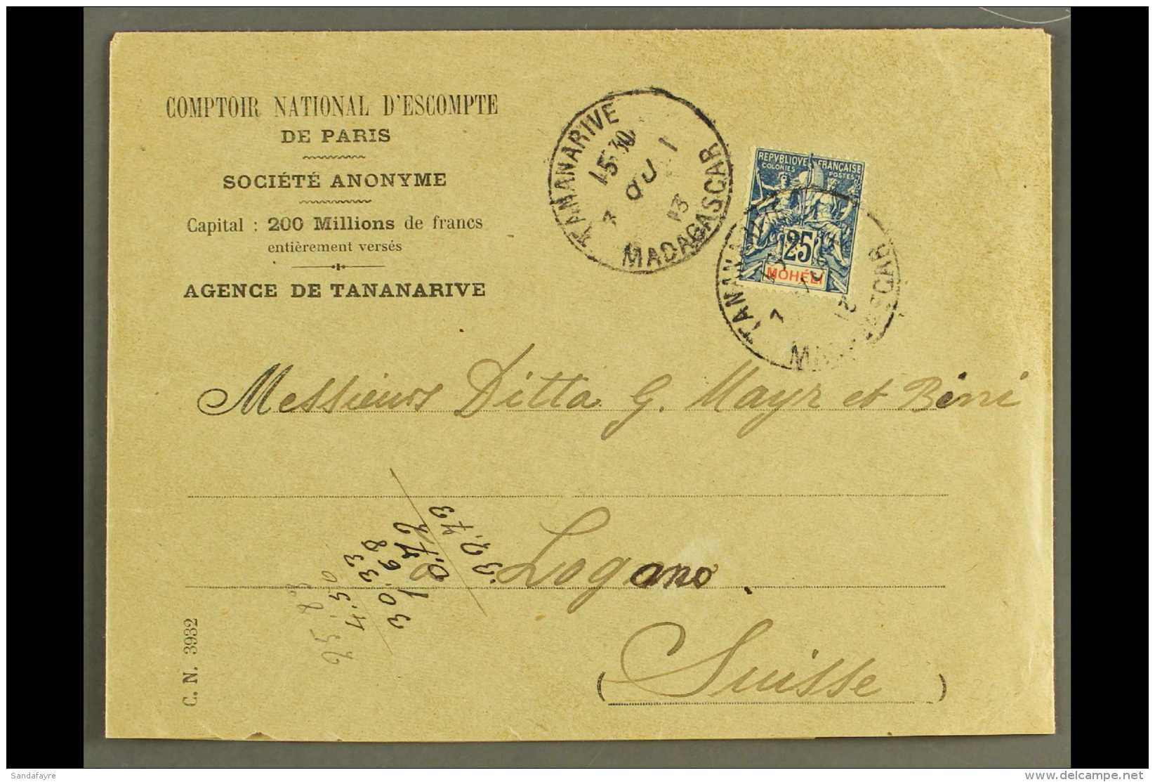 MADAGASCAR 1913 Cover From Tananarive To Switzerland, Franked With Single Moheli 1906-7 25c Blue Issue (hence Used... - Autres & Non Classés