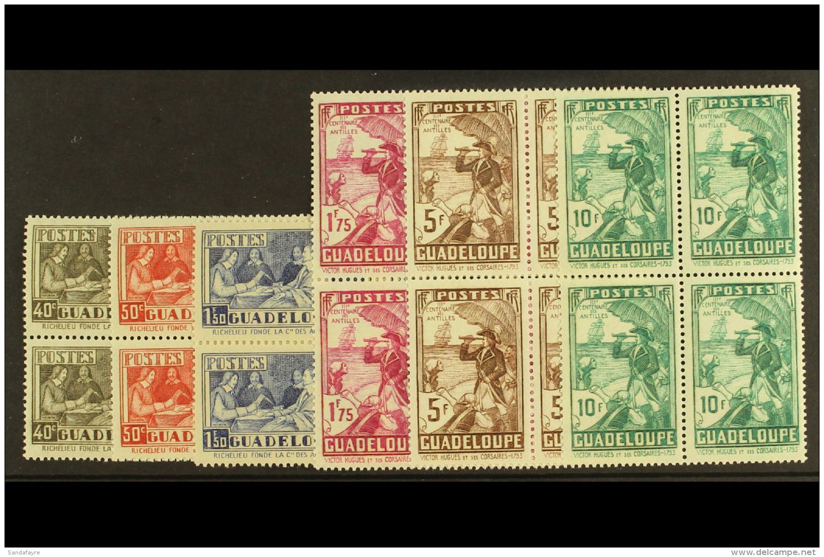 GUADELOUPE 1935 300th Anniversary Set Complete, Yv 127/132 In Superb Mint Blocks Of 4 (3 Nh, 1 Og) (24 Stamps) For... - Autres & Non Classés