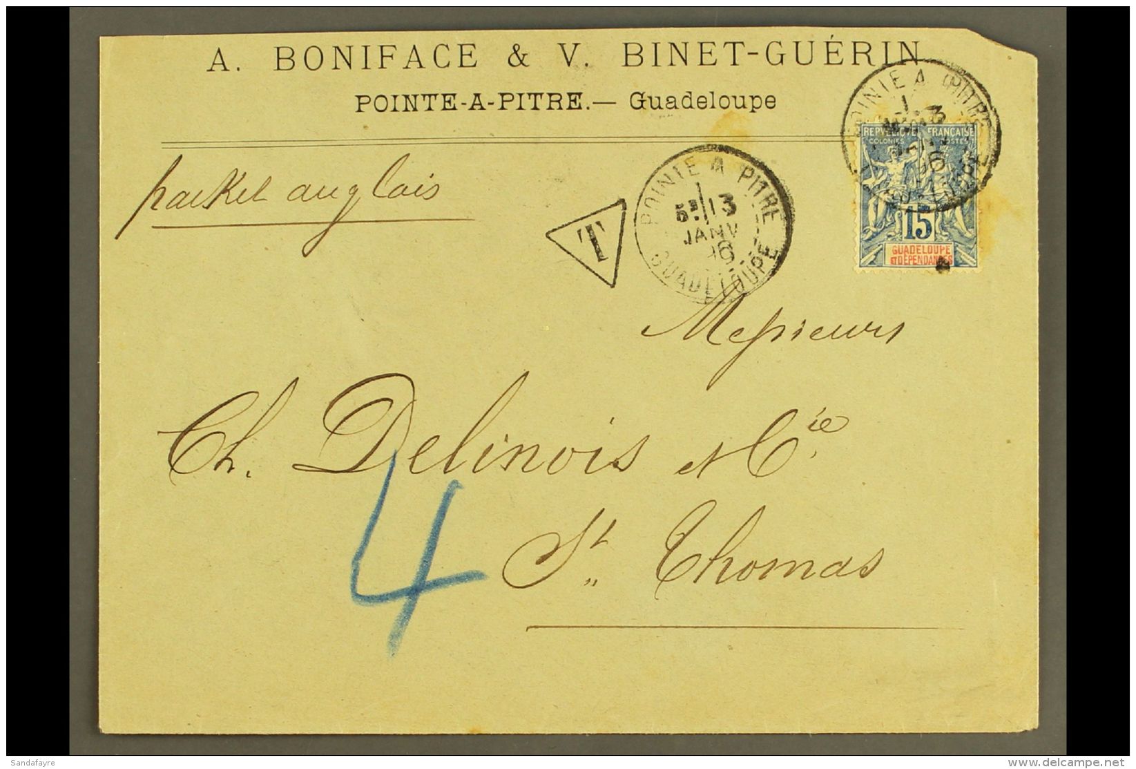 GUADELOUPE 1896 15c Sage On Cover To St Thomas, DWI, Tied By Point A Pitre Cds With "T" In Triangle Postage Due... - Autres & Non Classés
